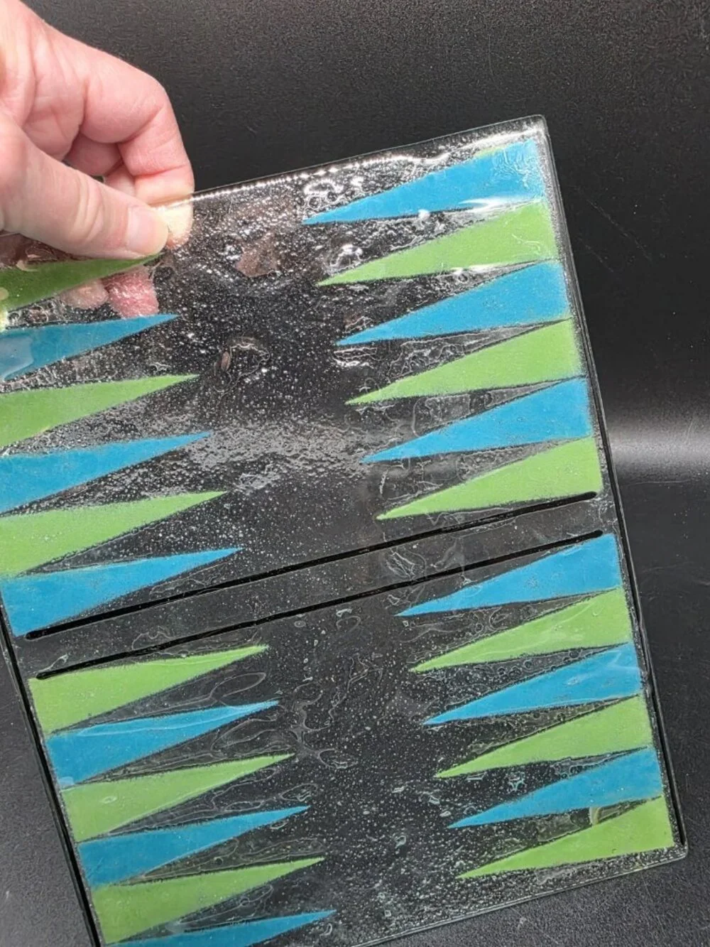 Fused Art Glass Backgammon Abstract MCM Serving Dish Or Game Board Signed